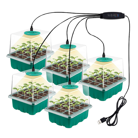 All Season Grow Eco-Friendly 5-Pack Seed Starter Trays with 8 LED Grow Lights, Smart Control Timer, Dimmable, Humidity Control, 60 Cells Indoor Gardening Plant Germination Trays with Humidity Dome