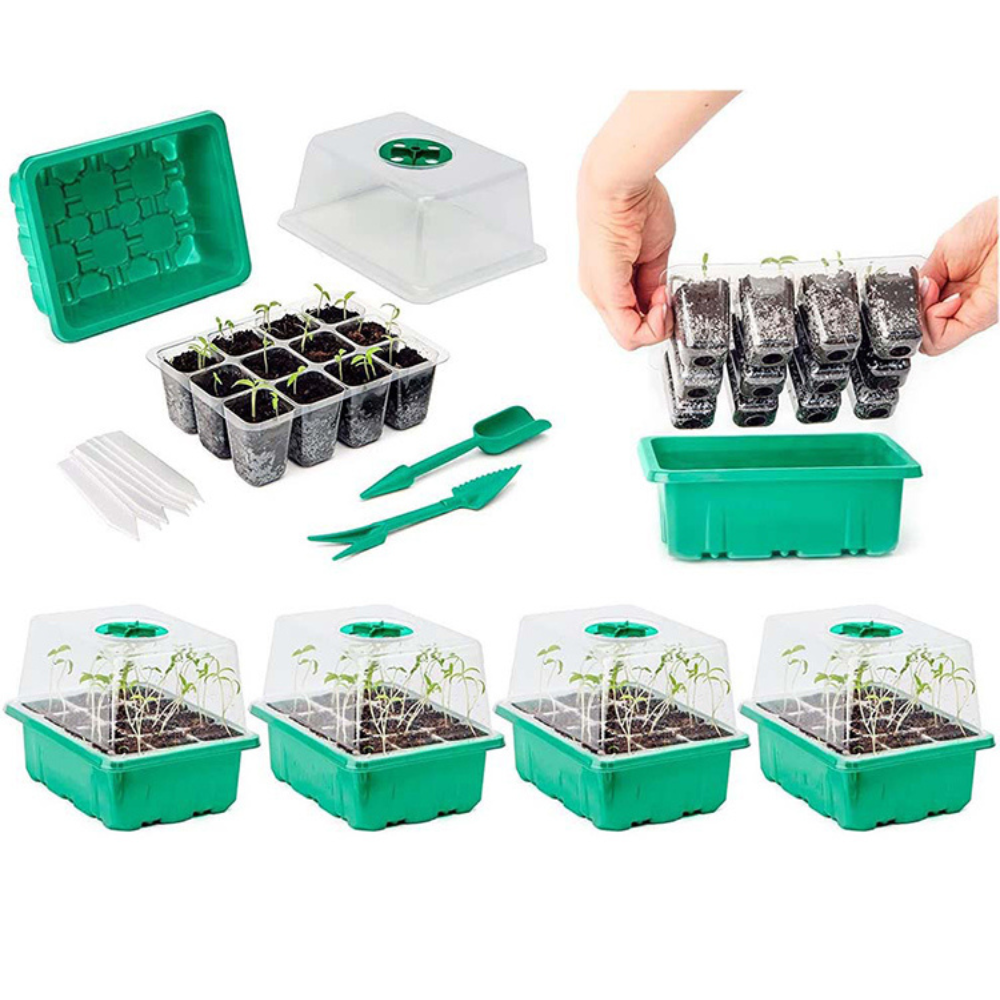 All Season Grow Eco-Friendly 5-Pack Seed Starter Trays with 8 LED Grow Lights, Smart Control Timer, Dimmable, Humidity Control, 60 Cells Indoor Gardening Plant Germination Trays with Humidity Dome